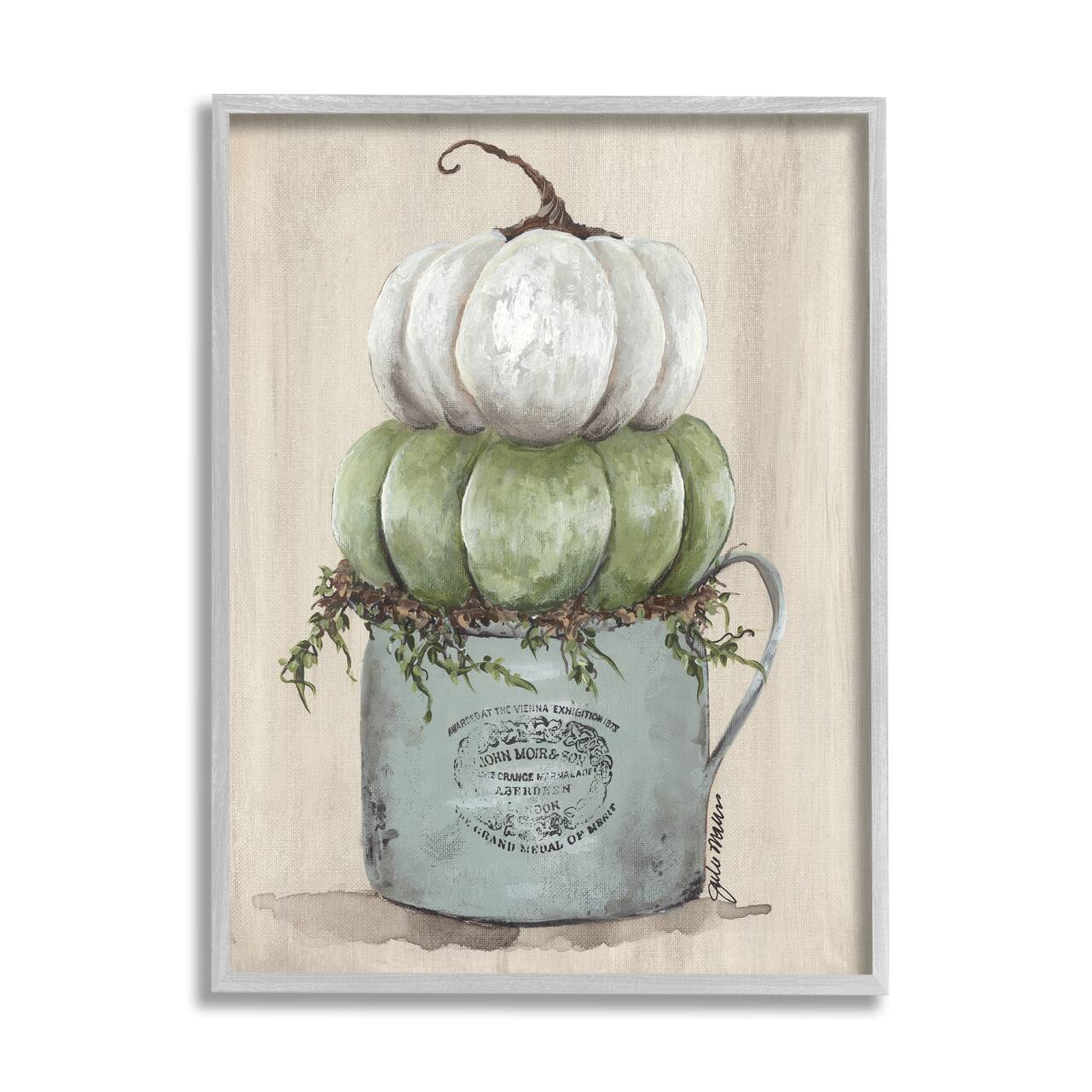 Stupell Industries Green White Harvest Pumpkins Country Jar Planter Framed Giclee Art